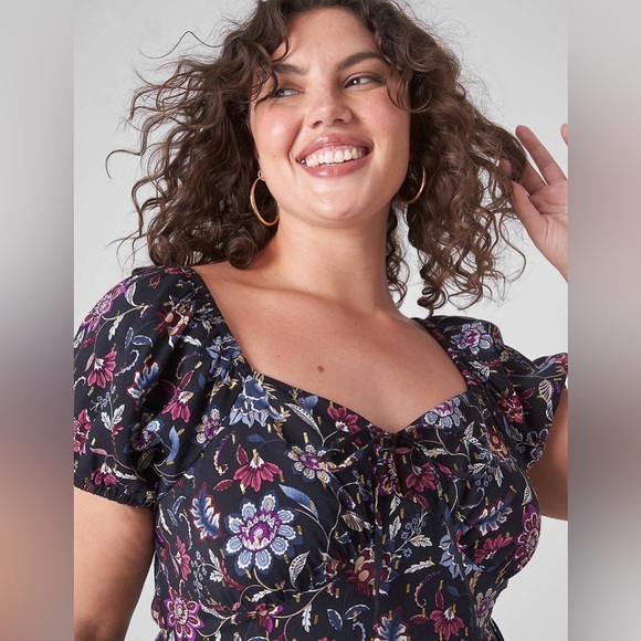 Lane Bryant Black Metallic Floral Bubble Sleeve Tie Neck Tiered Midi Dress 20 - Picture 2 of 12